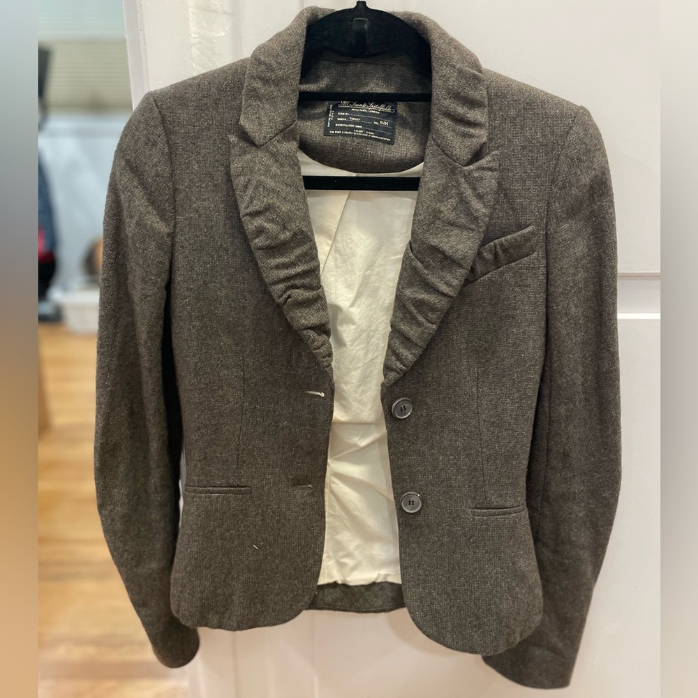 AllSaints Brown Ruffle Collar Wool Blazer